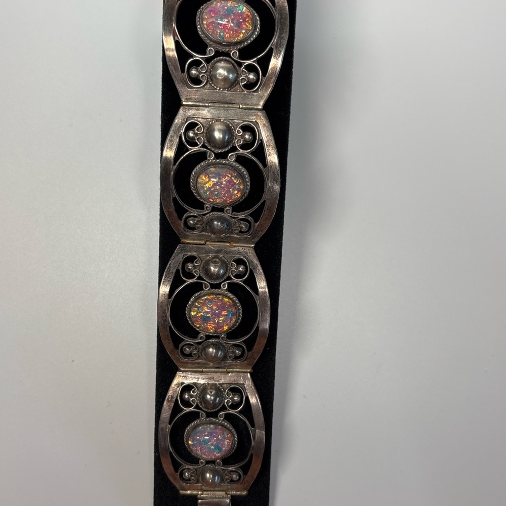 Vintage Mexican Sterling Silver Fire Opal Glass Hinged Bracelet RJR